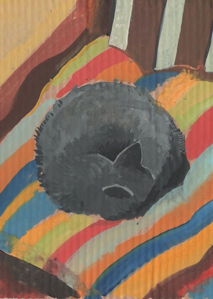 SCD0172 Sleepy Cat gouache on cardboard