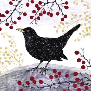 Valerie Greeley VG1023 PGmistletoe Blackbird with red and gold berries